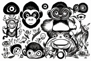 Outline monkey with big glossy eyes and mushroom spore third eye tattoo idea