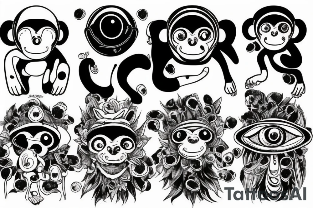 Outline monkey with big glossy eyes and mushroom spore third eye tattoo idea