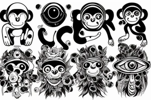 Outline monkey with big glossy eyes and mushroom spore third eye tattoo idea