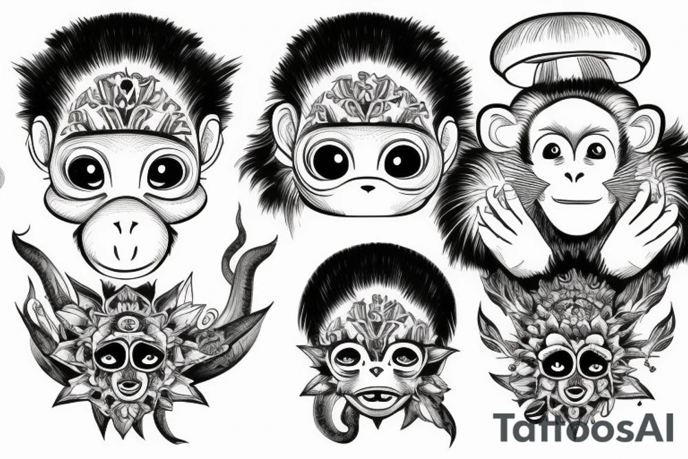 Outline monkey with big glossy eyes and mushroom spore third eye tattoo idea