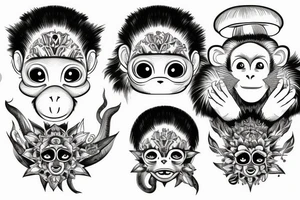 Outline monkey with big glossy eyes and mushroom spore third eye tattoo idea