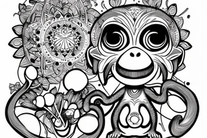 Outline monkey with big glossy eyes and mushroom spore third eye tattoo idea