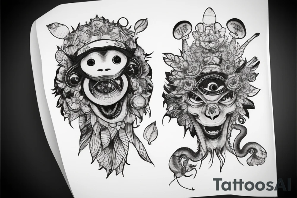 Outline monkey with big glossy eyes and mushroom spore third eye tattoo idea