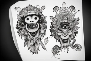 Outline monkey with big glossy eyes and mushroom spore third eye tattoo idea