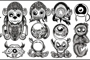 Outline monkey with big glossy eyes and mushroom spore third eye tattoo idea