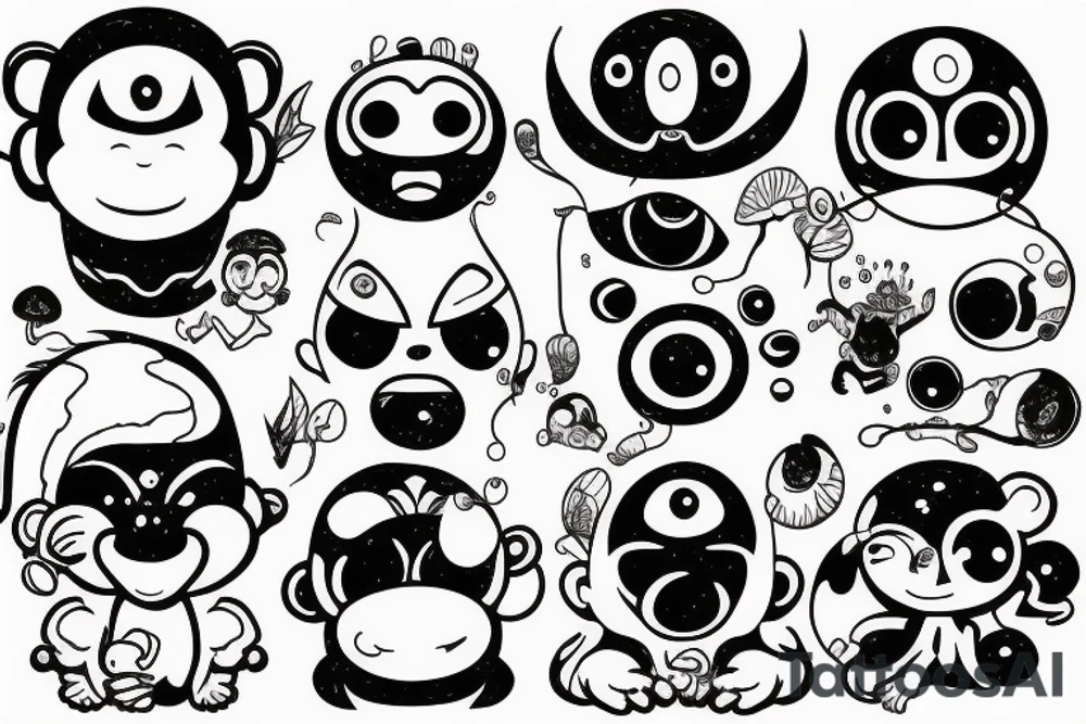 Outline monkey with big glossy eyes and mushroom spore third eye tattoo idea