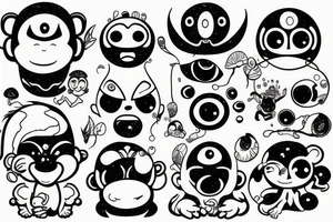 Outline monkey with big glossy eyes and mushroom spore third eye tattoo idea