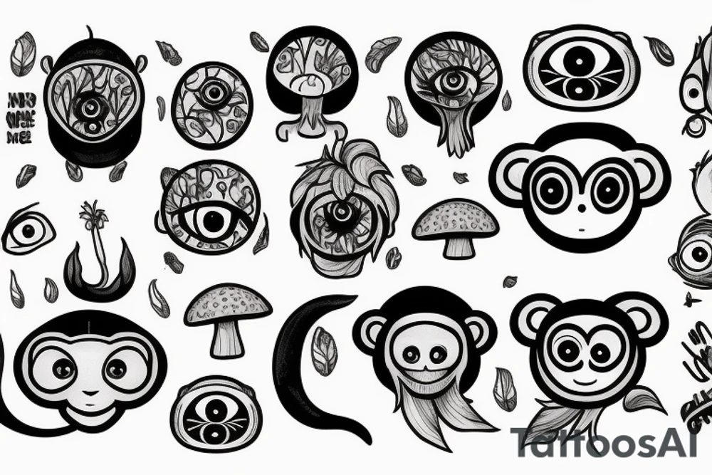 Outline monkey with big glossy eyes and mushroom spore third eye tattoo idea