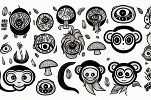 Outline monkey with big glossy eyes and mushroom spore third eye tattoo idea