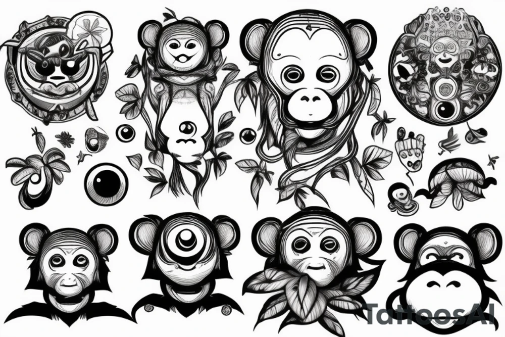 Outline monkey with big glossy eyes and mushroom spore third eye tattoo idea