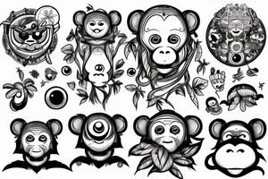 Outline monkey with big glossy eyes and mushroom spore third eye tattoo idea