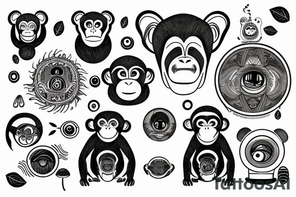 Outline monkey with big glossy eyes and mushroom spore third eye tattoo idea