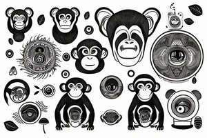 Outline monkey with big glossy eyes and mushroom spore third eye tattoo idea