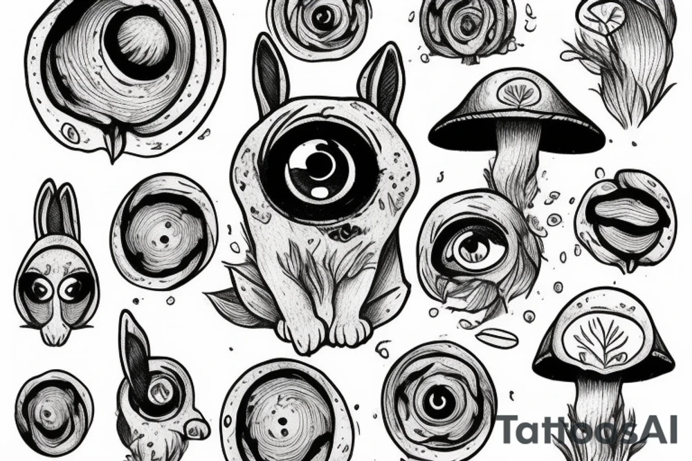 Outline bunny with big glossy eyes and mushroom spore third eye tattoo idea