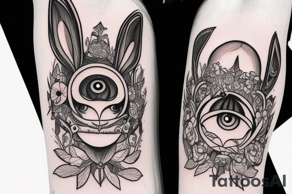 Outline bunny with big glossy eyes and mushroom spore third eye tattoo idea