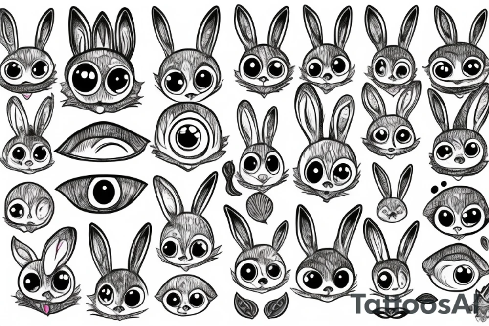 Outline bunny with big glossy eyes and mushroom spore third eye tattoo idea