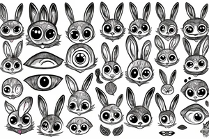 Outline bunny with big glossy eyes and mushroom spore third eye tattoo idea