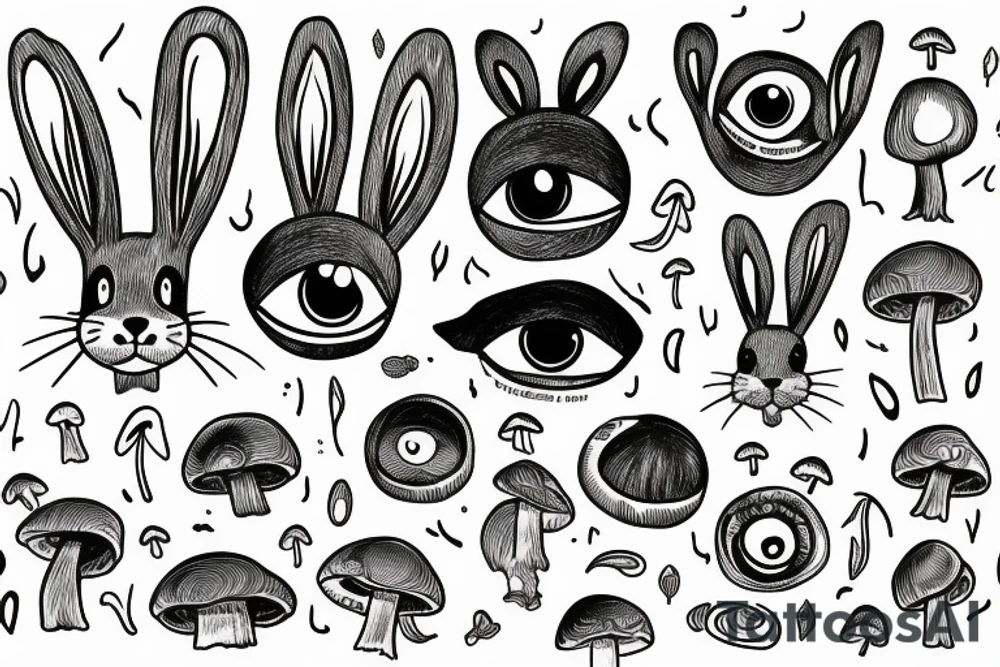 Outline bunny with big glossy eyes and mushroom spore third eye tattoo idea