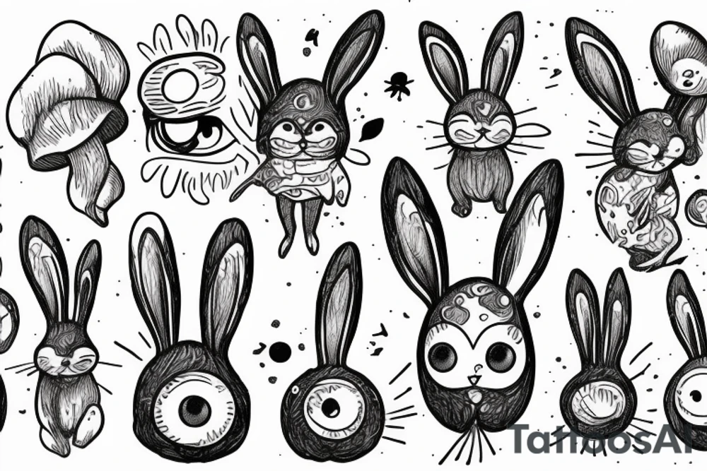 Outline bunny with big glossy eyes and mushroom spore third eye tattoo idea