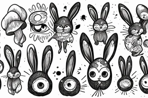 Outline bunny with big glossy eyes and mushroom spore third eye tattoo idea