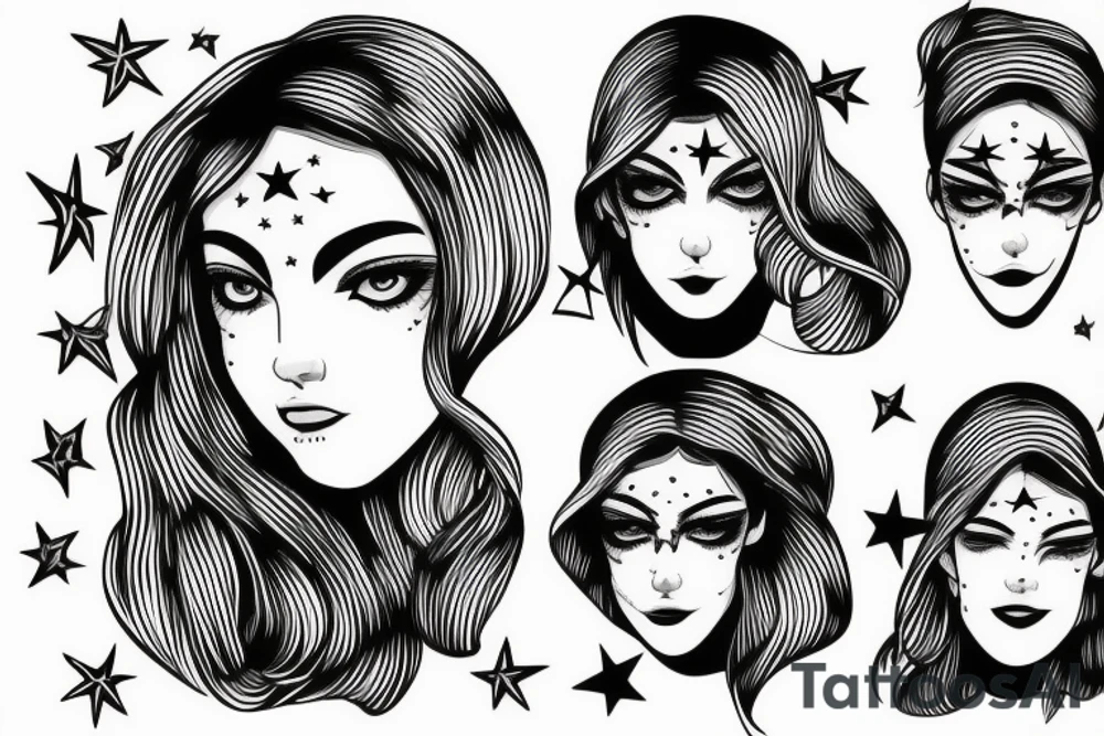 Simple outline lady head with white star eyes tattoo idea Simple outline lady head with white star eyes tattoo idea