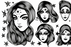 Simple outline lady head with white star eyes tattoo idea