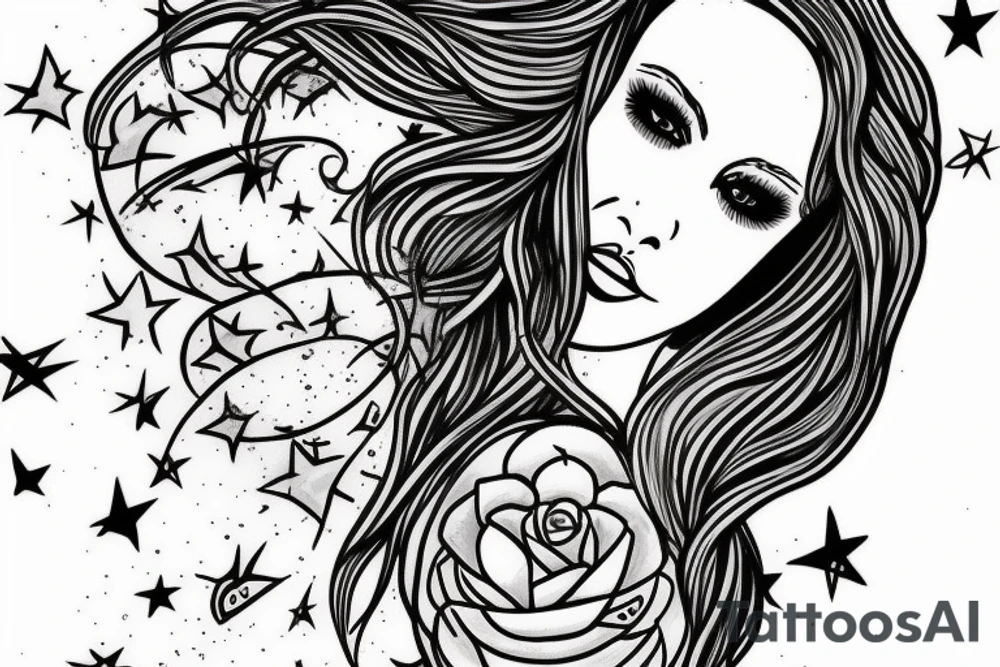 Simple outline lady head with white star eyes tattoo idea