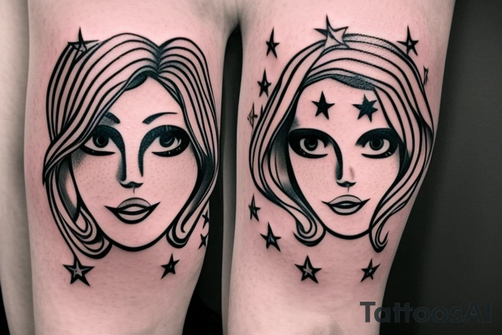 Simple outline lady head with white stars for eyes tattoo idea