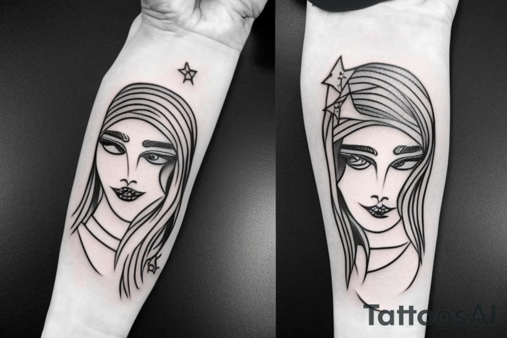 Simple outline lady head with white stars for eyes tattoo idea