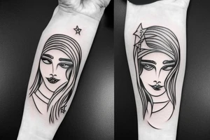 Simple outline lady head with white stars for eyes tattoo idea