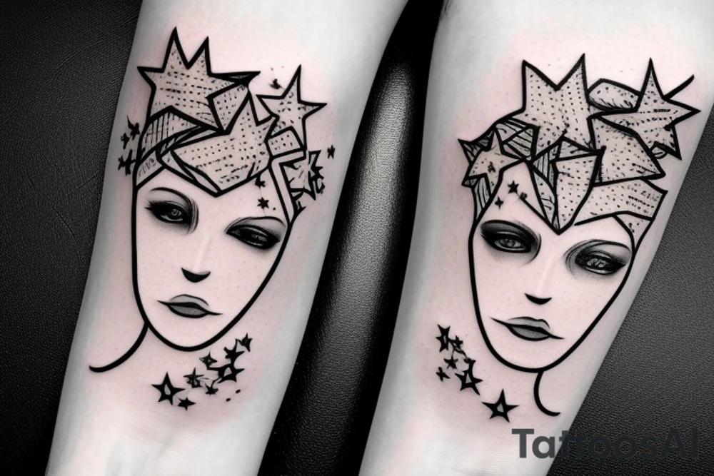Simple outline lady head with white stars for eyes tattoo idea