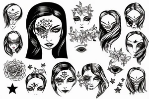 Simple outline lady head with white stars for eyes tattoo idea