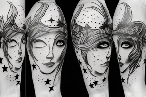 Simple outline lady head with white stars for eyes tattoo idea