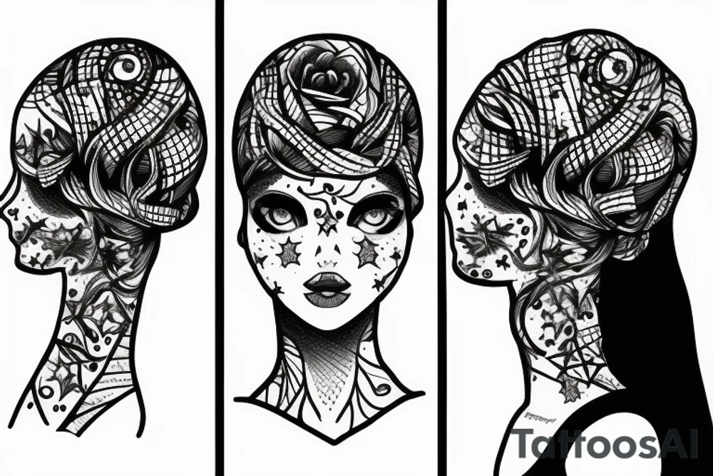 Simple outline lady head with white stars for eyes tattoo idea