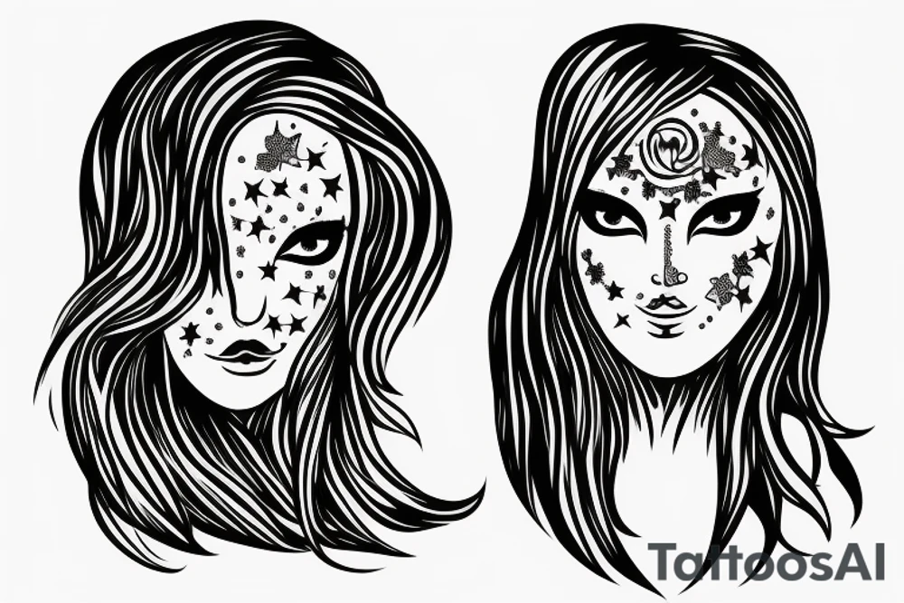 Simple outline lady head with white stars for eyes tattoo idea
