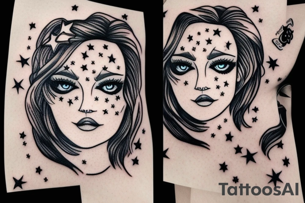 Simple outline lady head with white stars for eyes tattoo idea