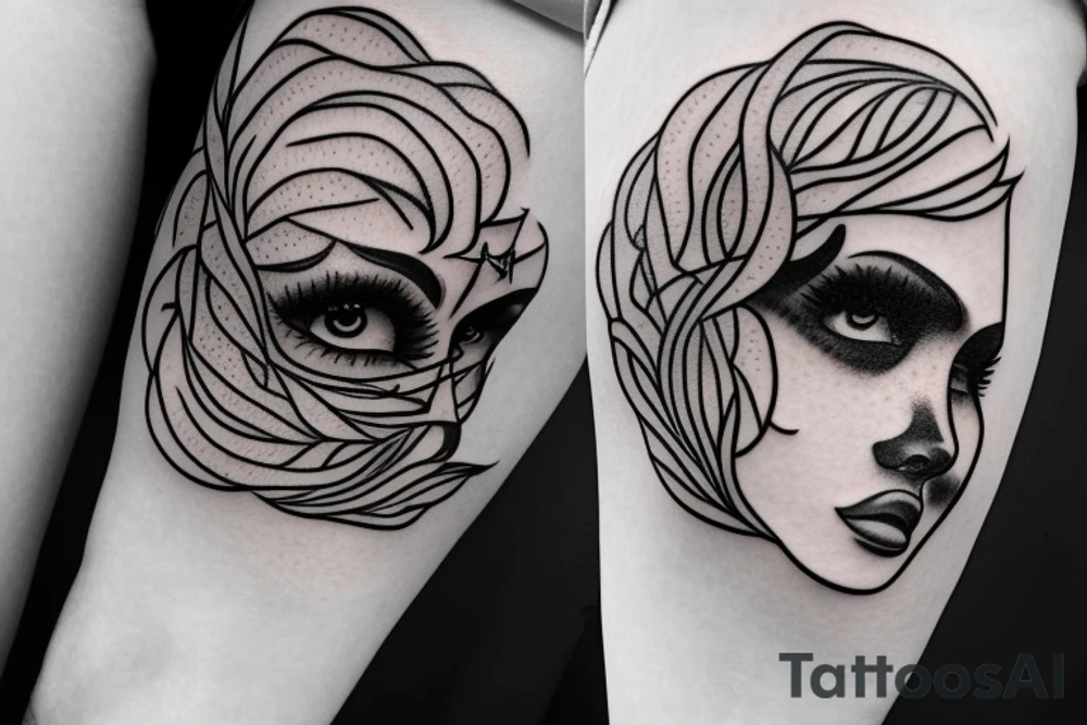 Simple outline lady head with white stars for eyes tattoo idea