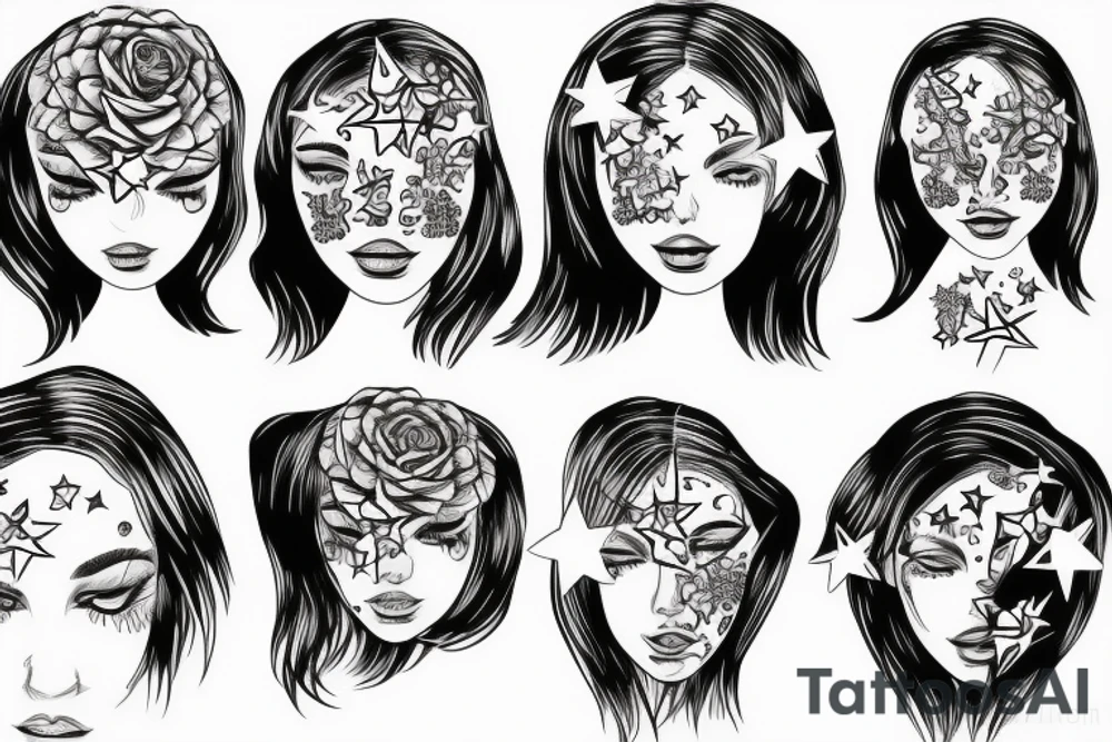 Simple outline lady head with white stars for eyes tattoo idea