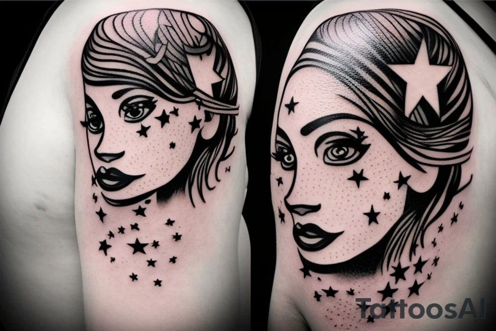 Simple outline lady head with white stars for eyes tattoo idea