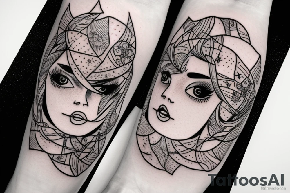 Simple outline lady head with white stars for eyes tattoo idea