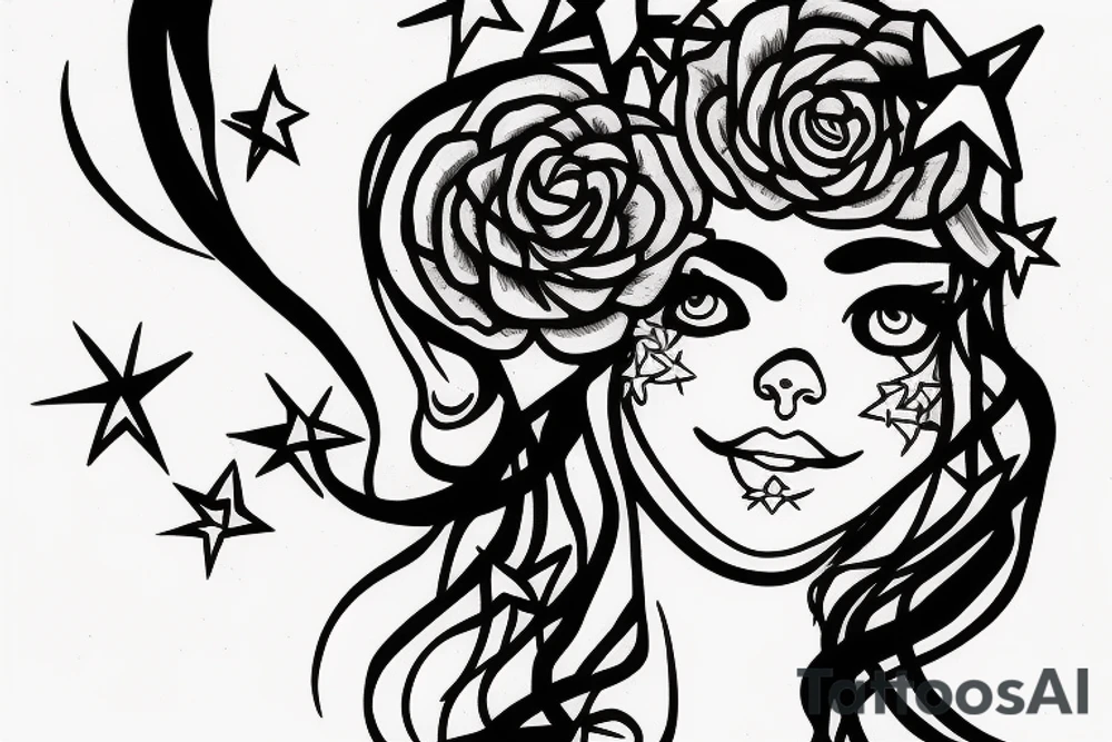 Simple outline lady head with white stars for eyes tattoo idea
