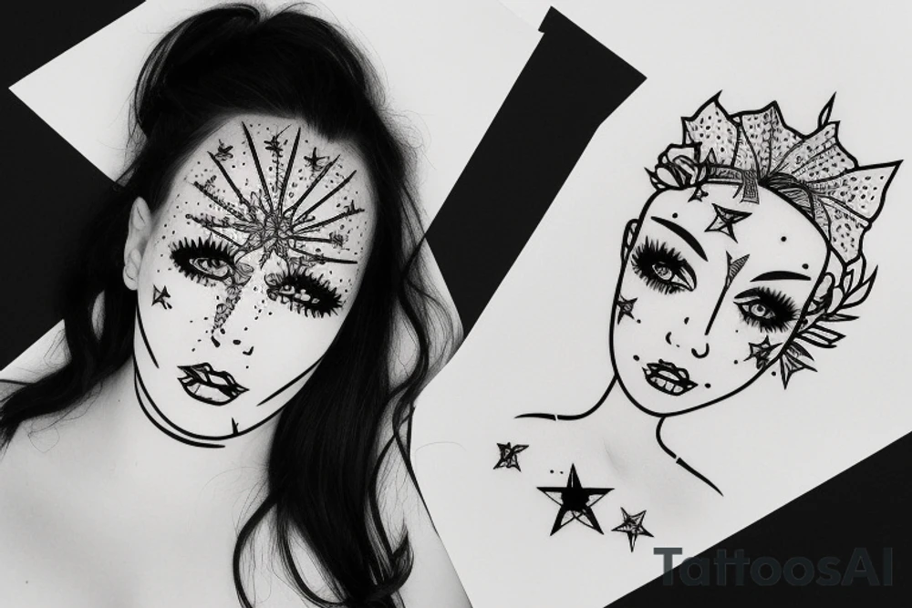 Simple outline lady head with white stars for eyes tattoo idea