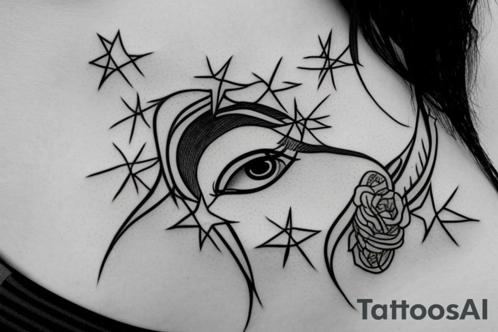 Simple outline lady head with white stars for eyes tattoo idea