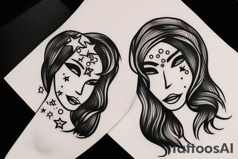 Simple outline lady head with white stars for eyes tattoo idea