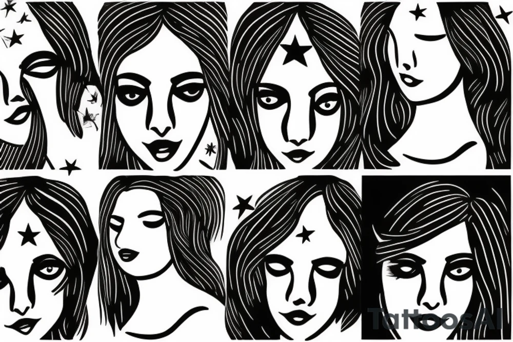 Simple outline lady head with white stars for eyes tattoo idea