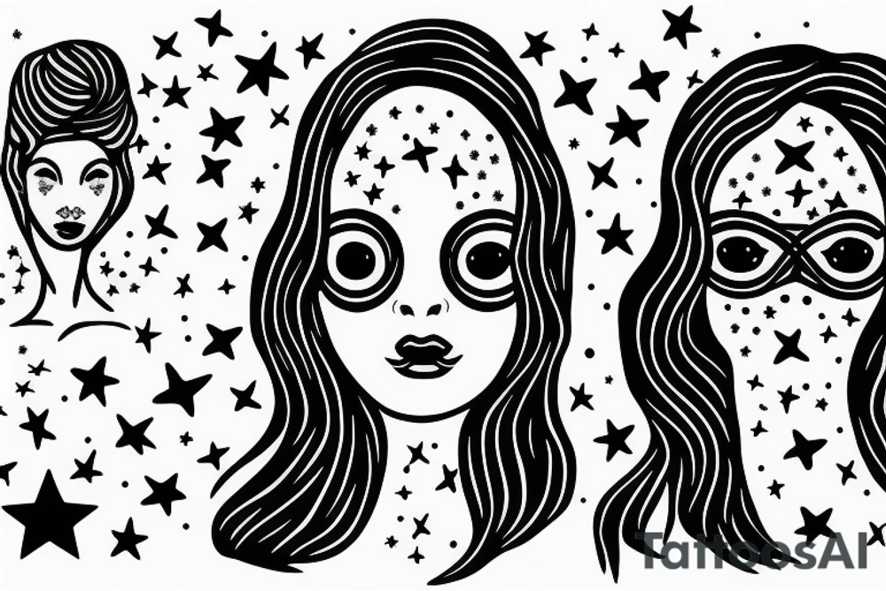 Simple outline lady head with white stars for eyes tattoo idea