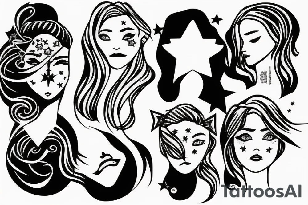 Simple outline lady head with white stars for eyes tattoo idea