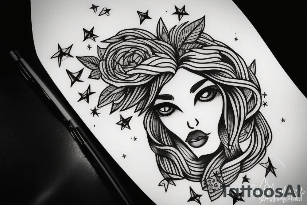 Simple outline lady head with white stars for eyes tattoo idea