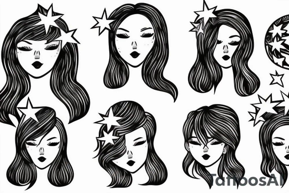 Simple outline lady head with white stars for eyes tattoo idea