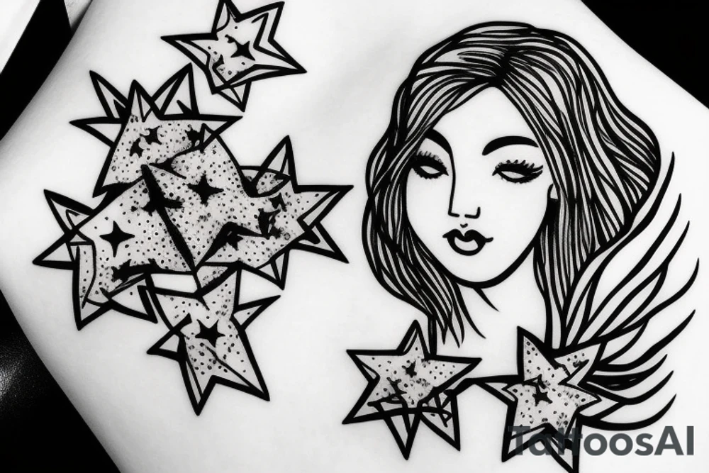 Simple outline lady head with white stars for eyes tattoo idea